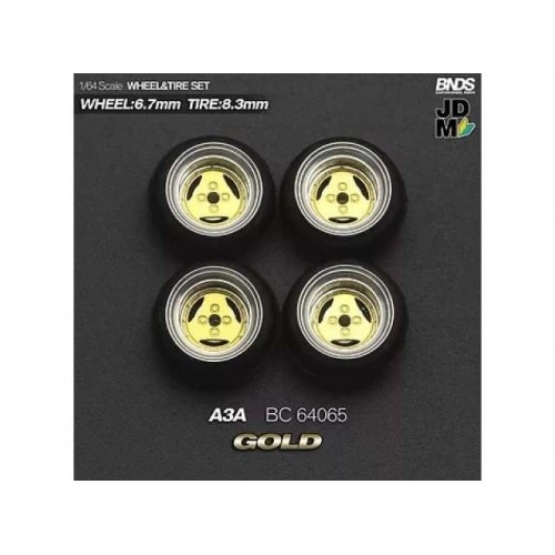 1:64 ADVAN A3A (wheel: 6.7mm, tyre: 8.3mm) GOLD - Wheel & Tyre Set - 4 pcs 1:64