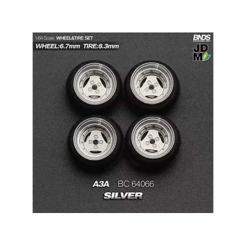 1:64 ADVAN A3A (wheel: 6.7mm, tyre: 8.3mm) SILVER - Wheel & Tyre Set - 4 pcs 1:64