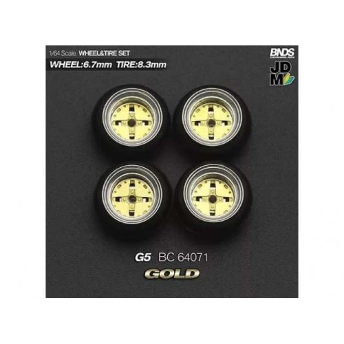 1:64 HOSHINO G5 (wheel: 6.7mm, tyre: 8.3mm) GOLD - Wheel & Tyre Set - 4 pcs 1:64