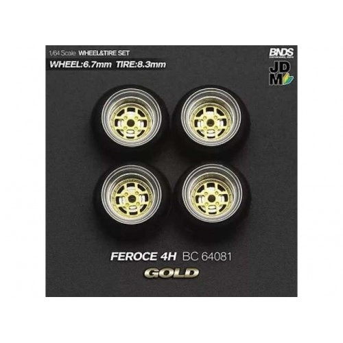 1:64 AUGUST FEROCE (wheel: 6.7mm, tyre: 8.3mm) GOLD - Wheel & Tyre Set - 4 pcs 1:64