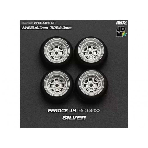 1:64 AUGUST FEROCE (wheel: 6.7mm, tyre: 8.3mm) SILVER - Wheel & Tyre Set - 4 pcs 1:64