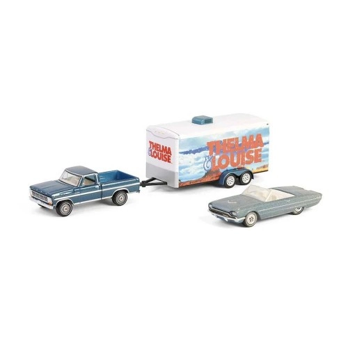 1966 Ford Thunderbird Convertible - Dust Covered (Top-down) with 1967 Ford F-250 & Enclosed Car Hauler Solid Pack - Thelma & Louise (1991) - Hollywood Hitch & Tow Series 13 1:64