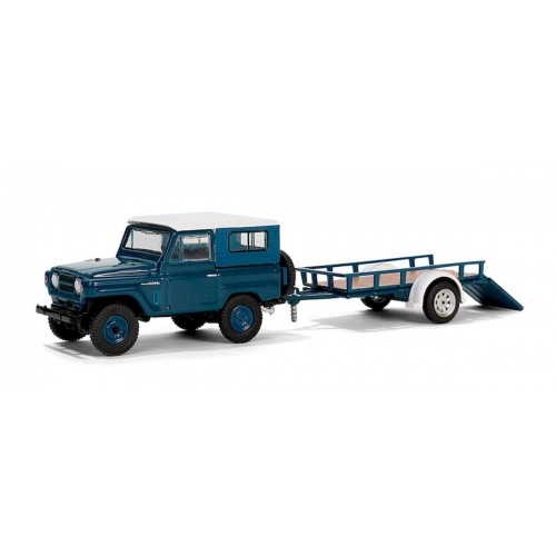 Macheta auto, 1961 Nissan Patrol Hard Top with Utility Trailer â€“ Blue & White Solid Pack - Hitch & Tow Series 31 1:64