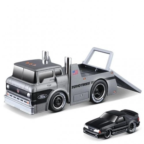 Ford Ð¡600 Flatbed Truck Car Transporter 1966 with Ford Mustang SVT Cobra Coupe Toyo Tires Custom 1993 1:64