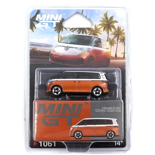 Volkswagen ID.Buzz Caravelle, Candy White/Energetic Orange, 2024 (LHD) (Blister Packaging) 1:64